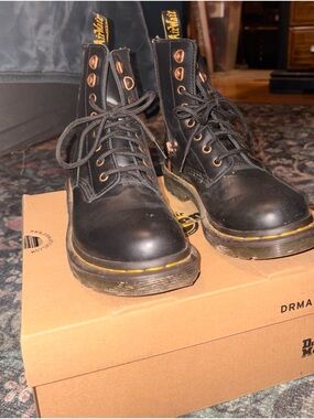 Dr. Martens Black Leather Lace-Up Boots with Yellow Welt
